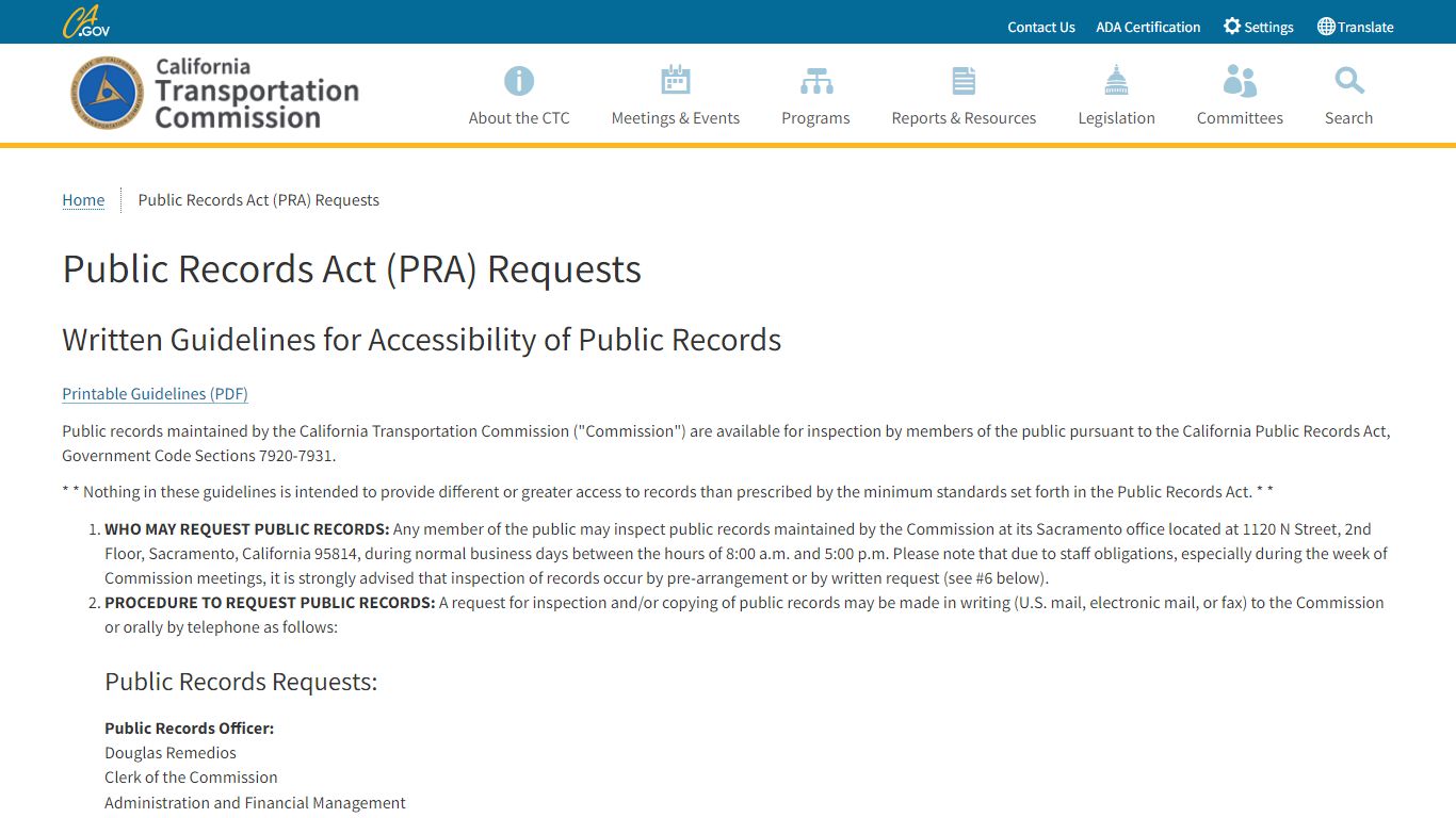 Public Records Act (PRA) Requests | CTC - California